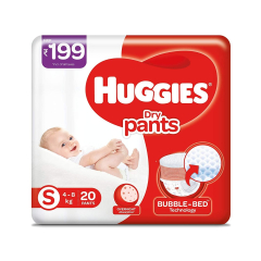 Huggies Dry Pants, Small (S) Size Baby Diaper Pants, 20 count, with Bubble Bed Technology for comfort