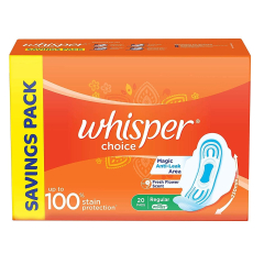 Whisper Choice Sanitary Regular Pads for Women, Regular, 20 Napkins 