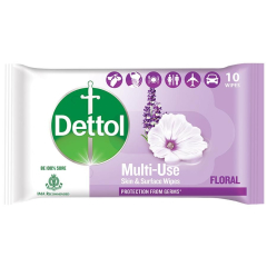 Dettol Wipes - Floral, Sanitize Skin & Surfaces, Safe on Skin, Resealable Lock-lid, 10 pulls