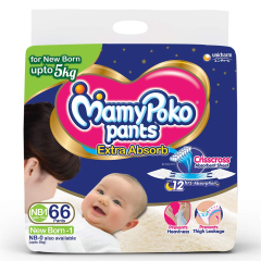 MamyPoko Pants Extra Absorb Diapers, New Born (Upto 5 kg), 66 Count